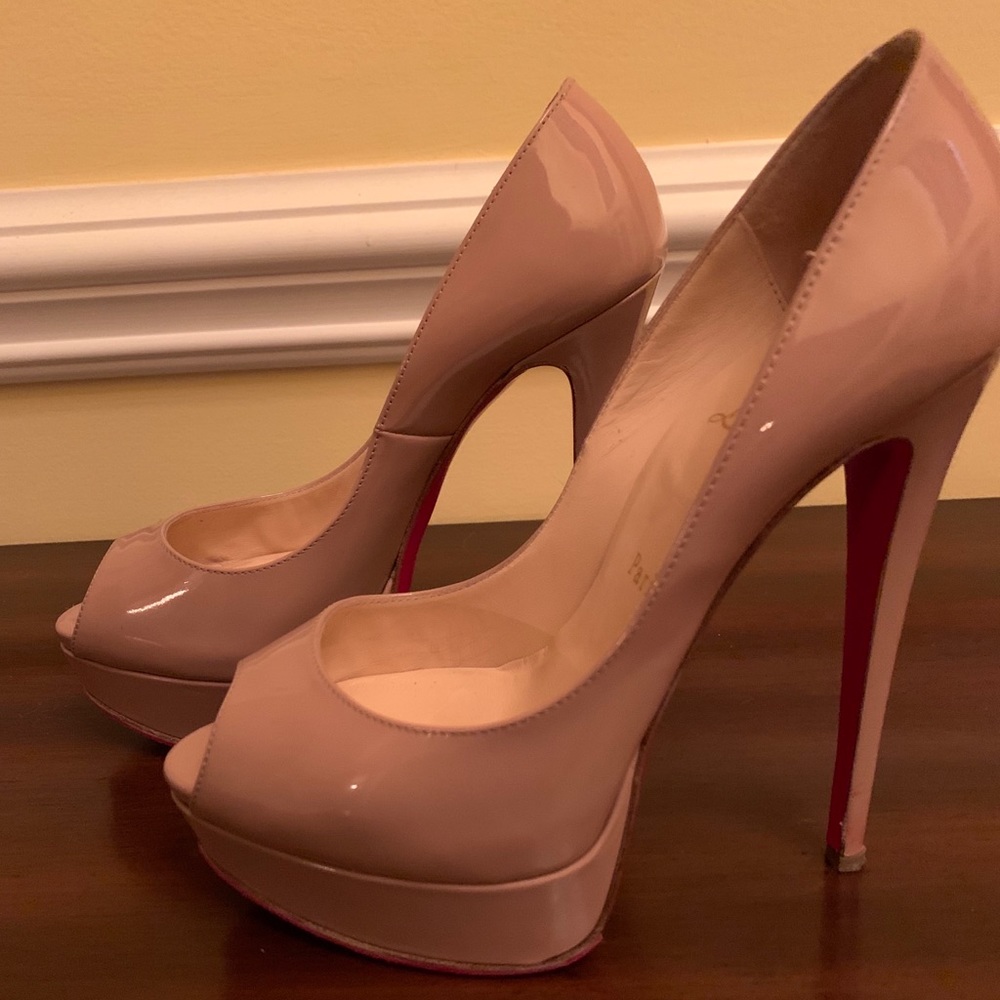 Christian Louboutin ‘Lady Peep’ Tan Patent Pumps
